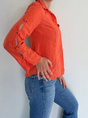 Richard Malcolm Linen Blouse Lace Up Sleeve Orange Petite S